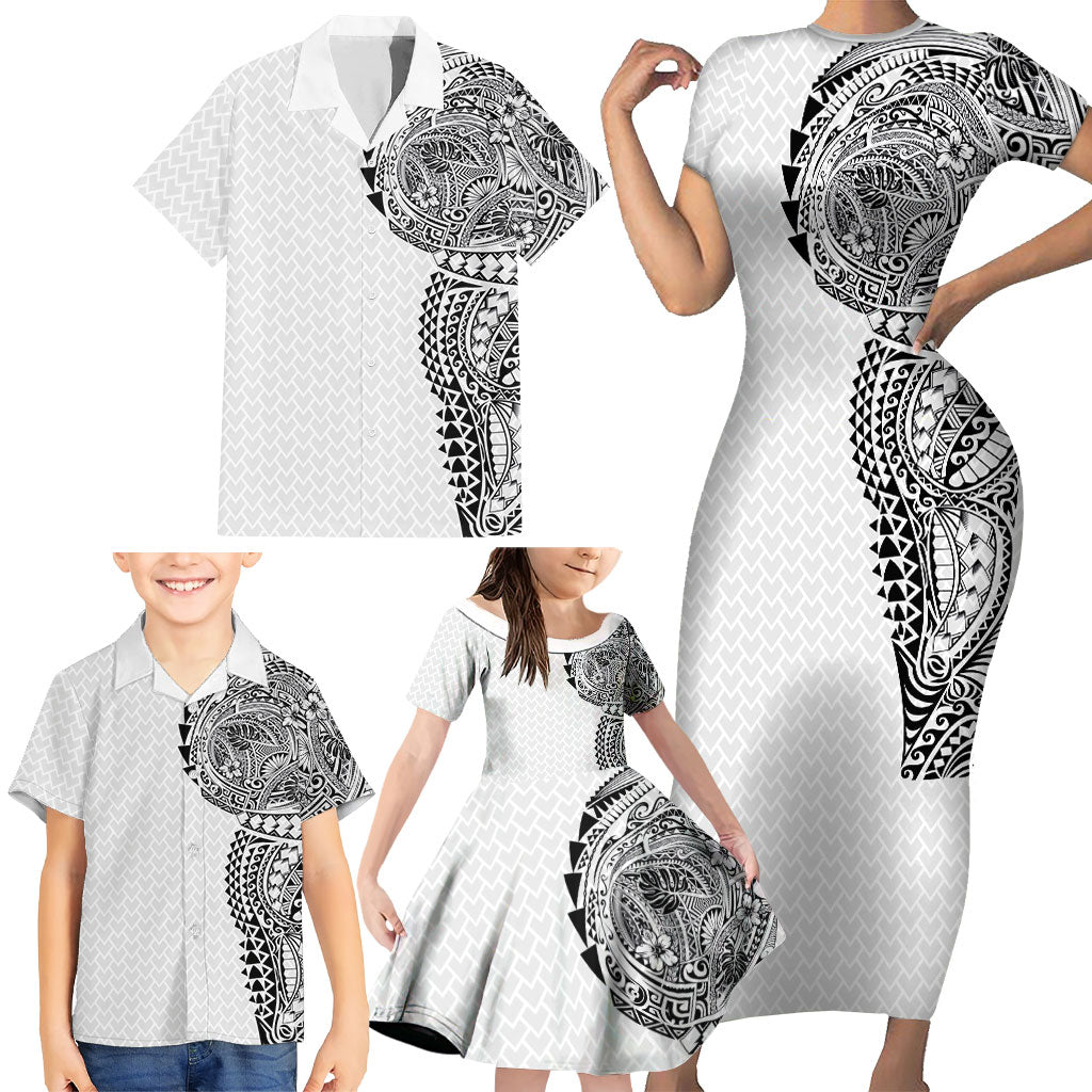 Hawaiian Traditional Tattoos Family Matching Short Sleeve Bodycon Dress and Hawaiian Shirt Kakau Tribal Tropical Plant Motif White Color