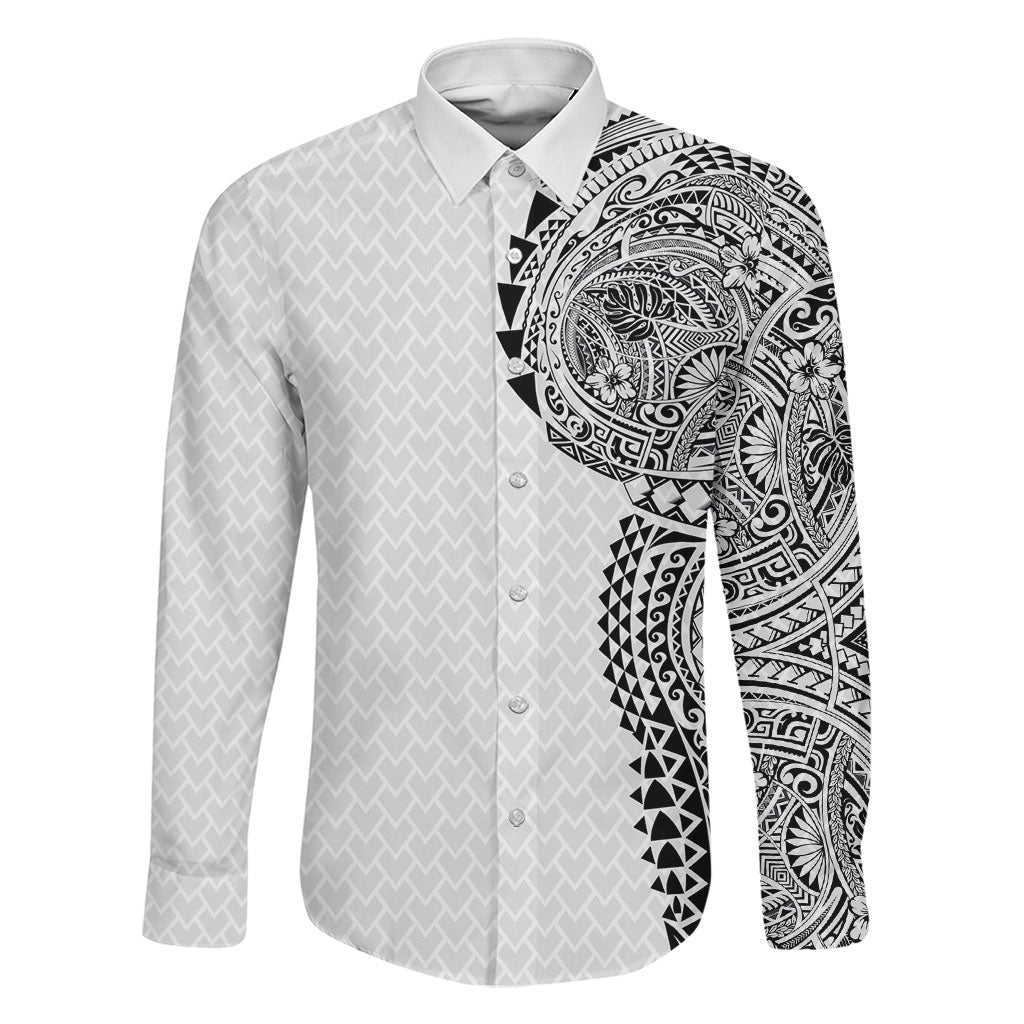 Hawaiian Traditional Tattoos Family Matching Summer Maxi Dress and Hawaiian Shirt Kakau Tribal Tropical Plant Motif White Color LT03 Dad's Shirt - Long Sleeve White - Polynesian Pride