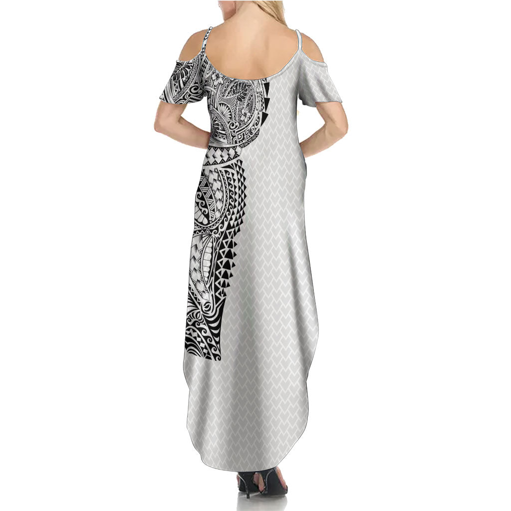 Hawaiian Traditional Tattoos Family Matching Summer Maxi Dress and Hawaiian Shirt Kakau Tribal Tropical Plant Motif White Color LT03 - Polynesian Pride