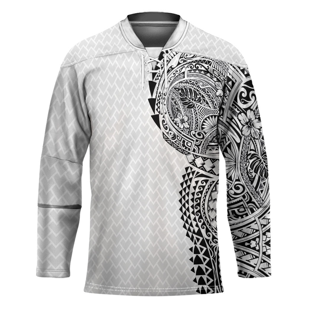 Hawaiian Traditional Tattoos Hockey Jersey Kakau Tribal Tropical Plant Motif White Color