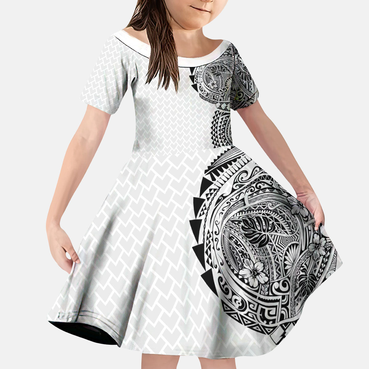 Hawaiian Traditional Tattoos Kid Short Sleeve Dress Kakau Tribal Tropical Plant Motif White Color LT03 KID White - Polynesian Pride