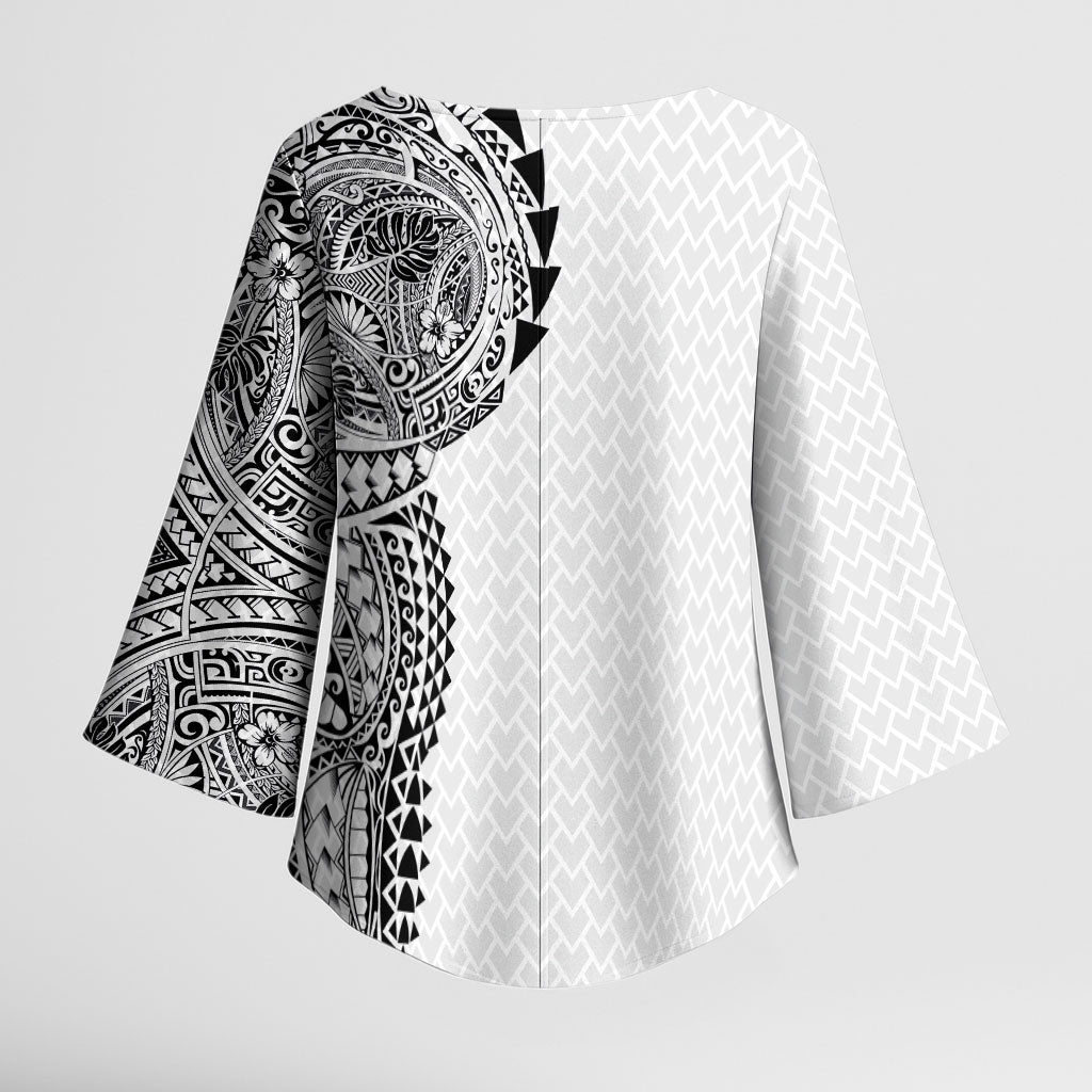 Hawaiian Traditional Tattoos Kimono Sleeve Blouse Kakau Tribal Tropical Plant Motif White Color LT03 - Polynesian Pride