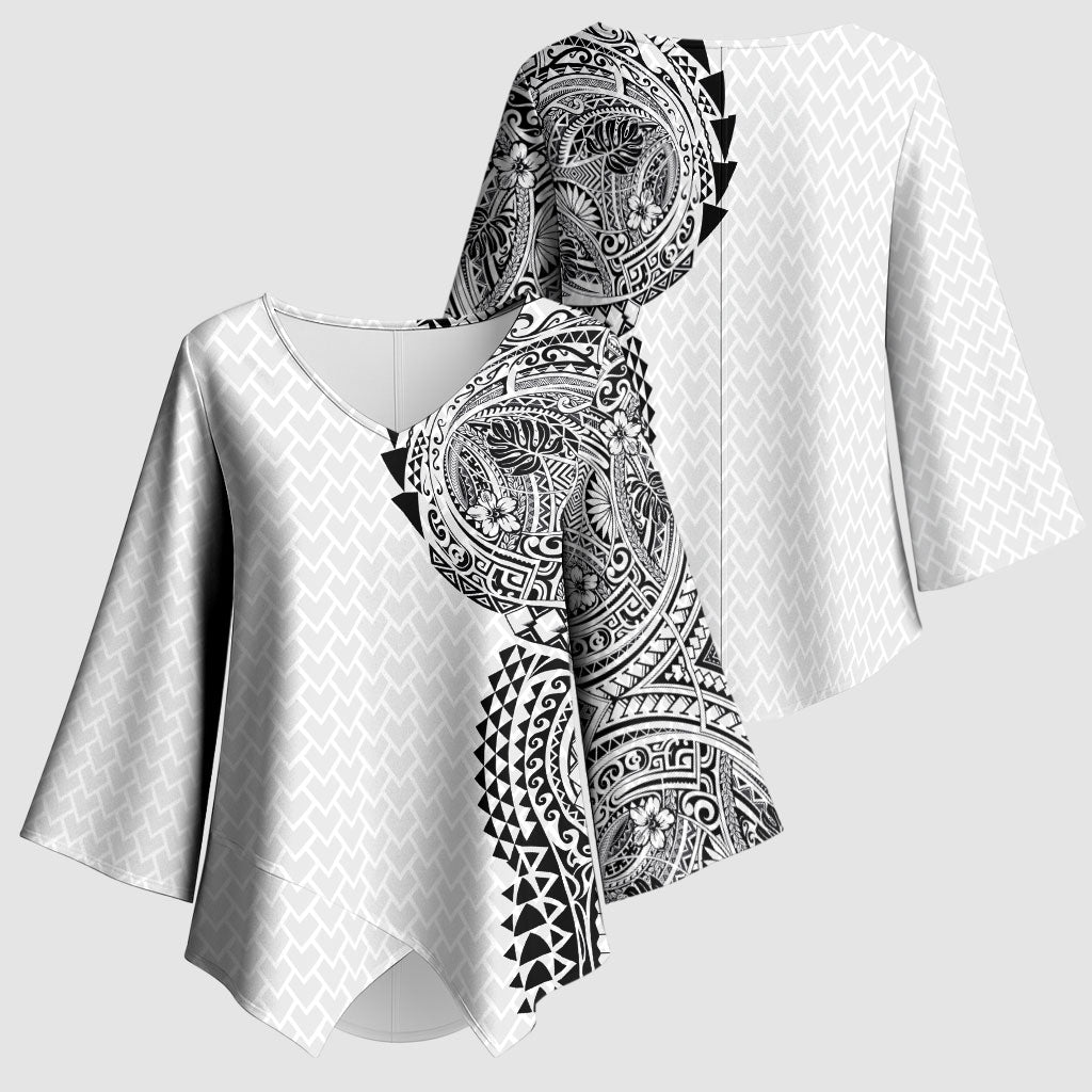 Hawaiian Traditional Tattoos Kimono Sleeve Blouse Kakau Tribal Tropical Plant Motif White Color LT03 - Polynesian Pride