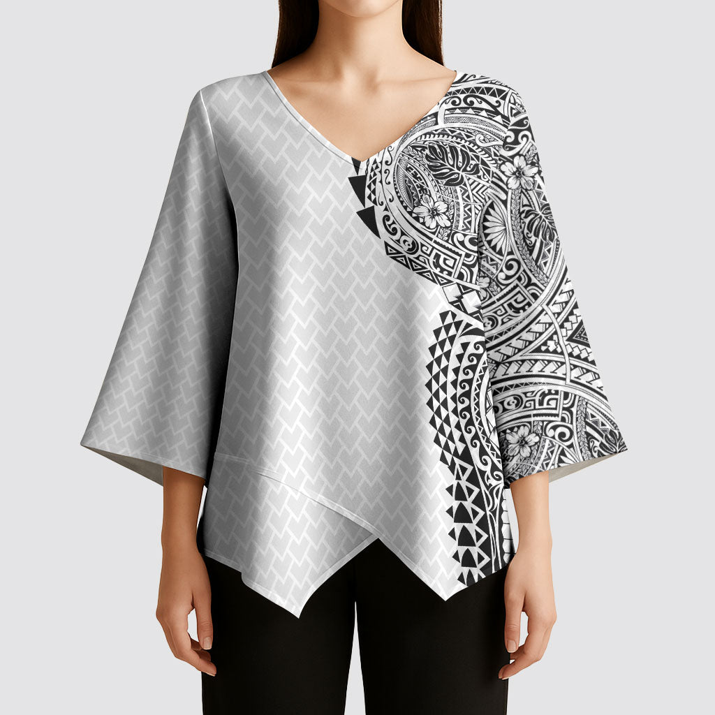 Hawaiian Traditional Tattoos Kimono Sleeve Blouse Kakau Tribal Tropical Plant Motif White Color LT03 - Polynesian Pride