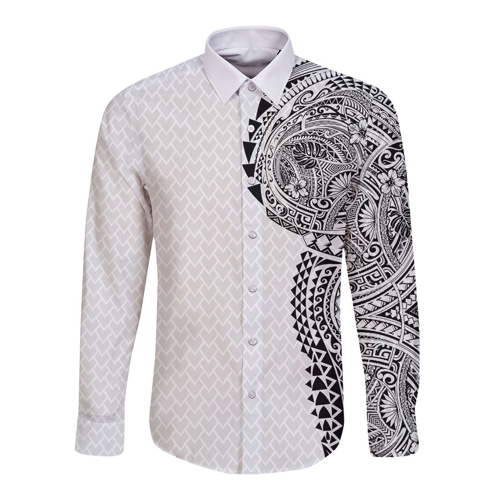Hawaiian Traditional Tattoos Long Sleeve Button Shirt Kakau Tribal Tropical Plant Motif White Color LT03 Unisex White - Polynesian Pride