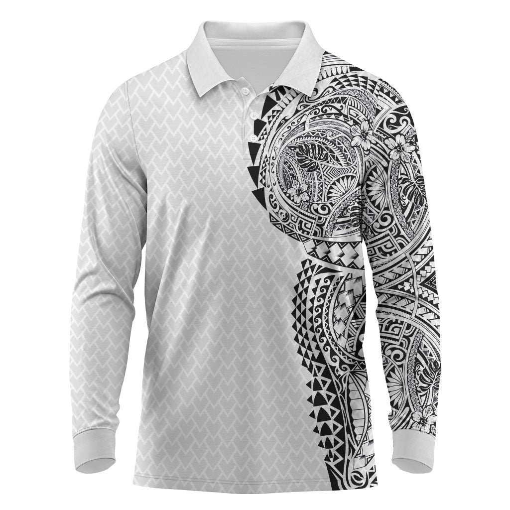 Hawaiian Traditional Tattoos Long Sleeve Polo Shirt Kakau Tribal Tropical Plant Motif White Color LT03 White - Polynesian Pride