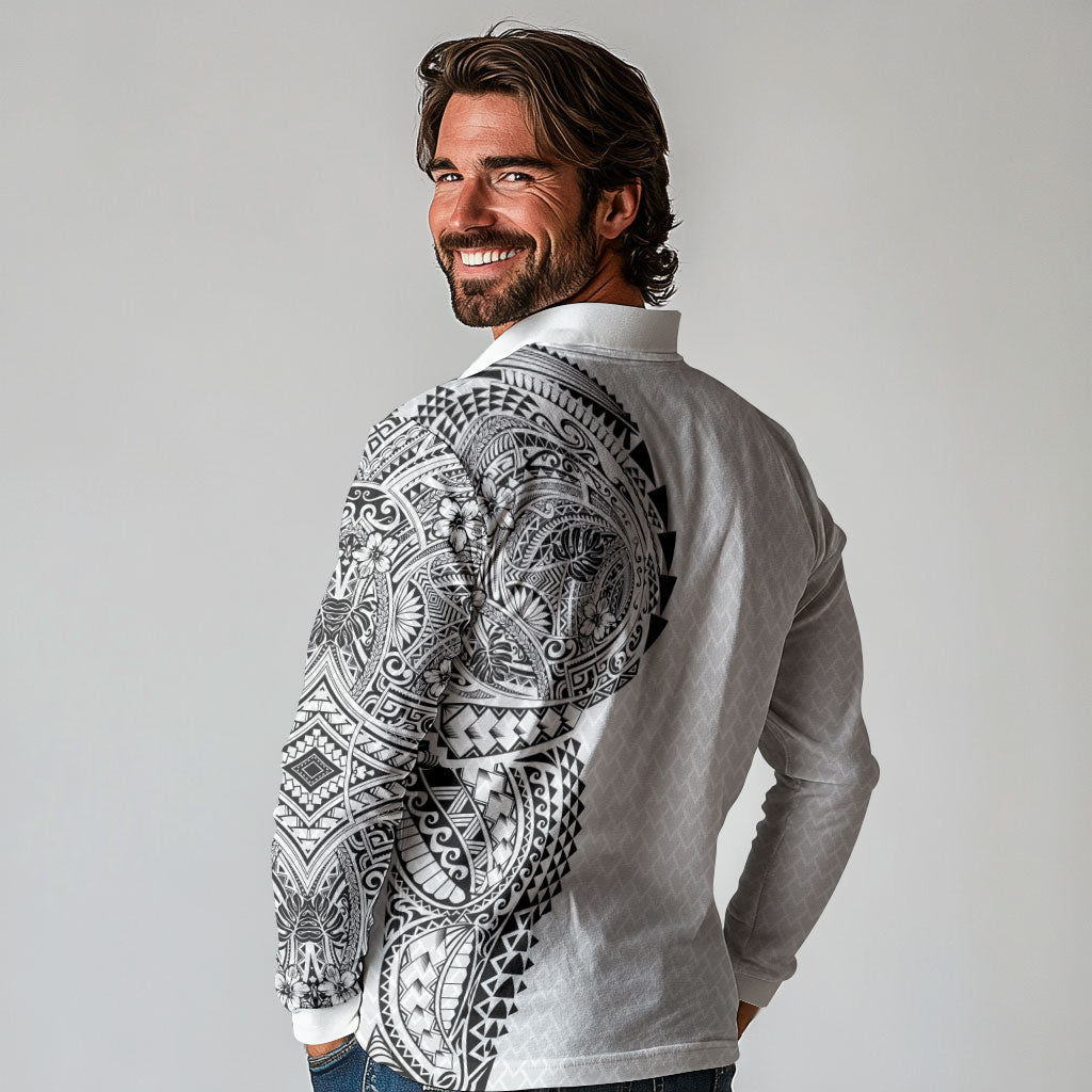 Hawaiian Traditional Tattoos Long Sleeve Polo Shirt Kakau Tribal Tropical Plant Motif White Color LT03 - Polynesian Pride