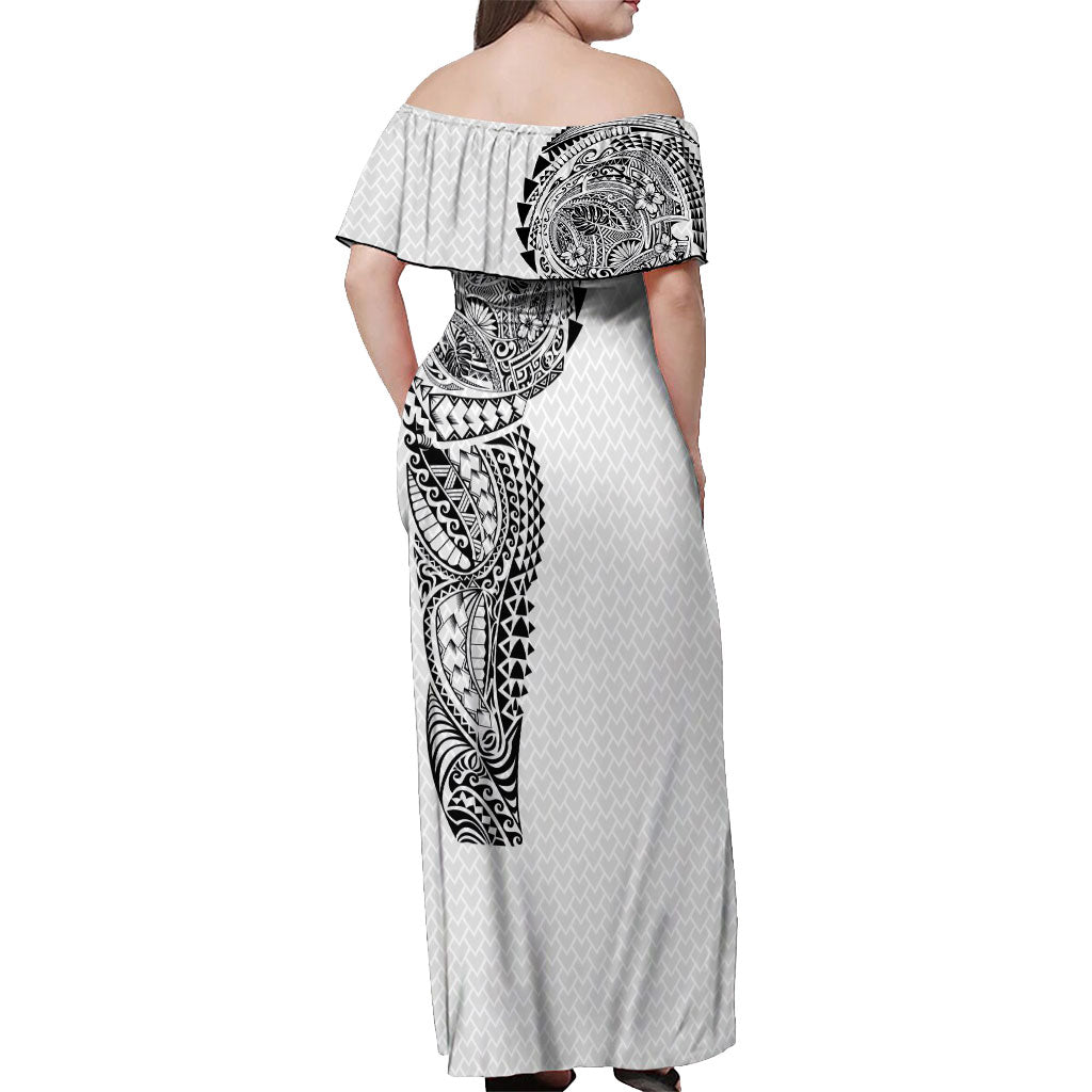 Hawaiian Traditional Tattoos Off Shoulder Maxi Dress Kakau Tribal Tropical Plant Motif White Color LT03 - Polynesian Pride