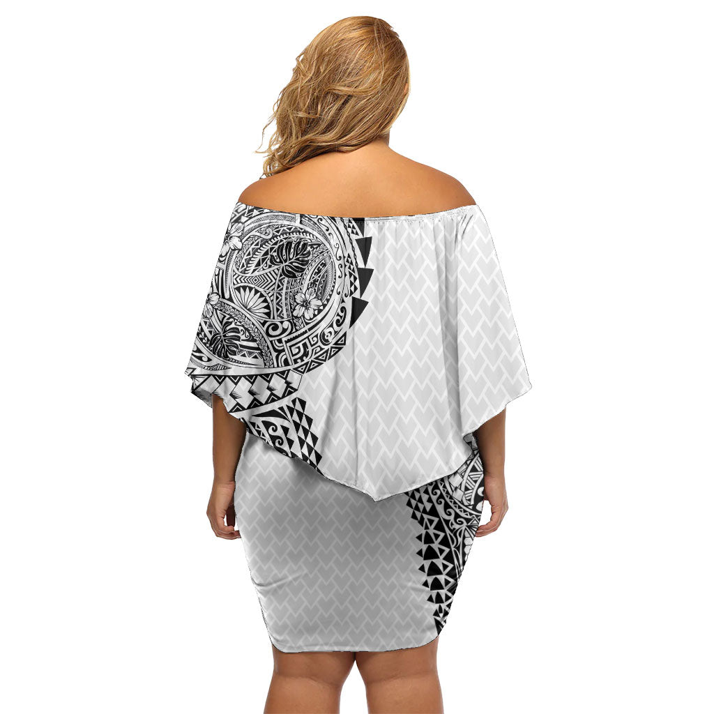 Hawaiian Traditional Tattoos Off Shoulder Short Dress Kakau Tribal Tropical Plant Motif White Color LT03 - Polynesian Pride