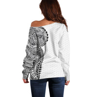 Hawaiian Traditional Tattoos Off Shoulder Sweater Kakau Tribal Tropical Plant Motif White Color LT03 - Polynesian Pride
