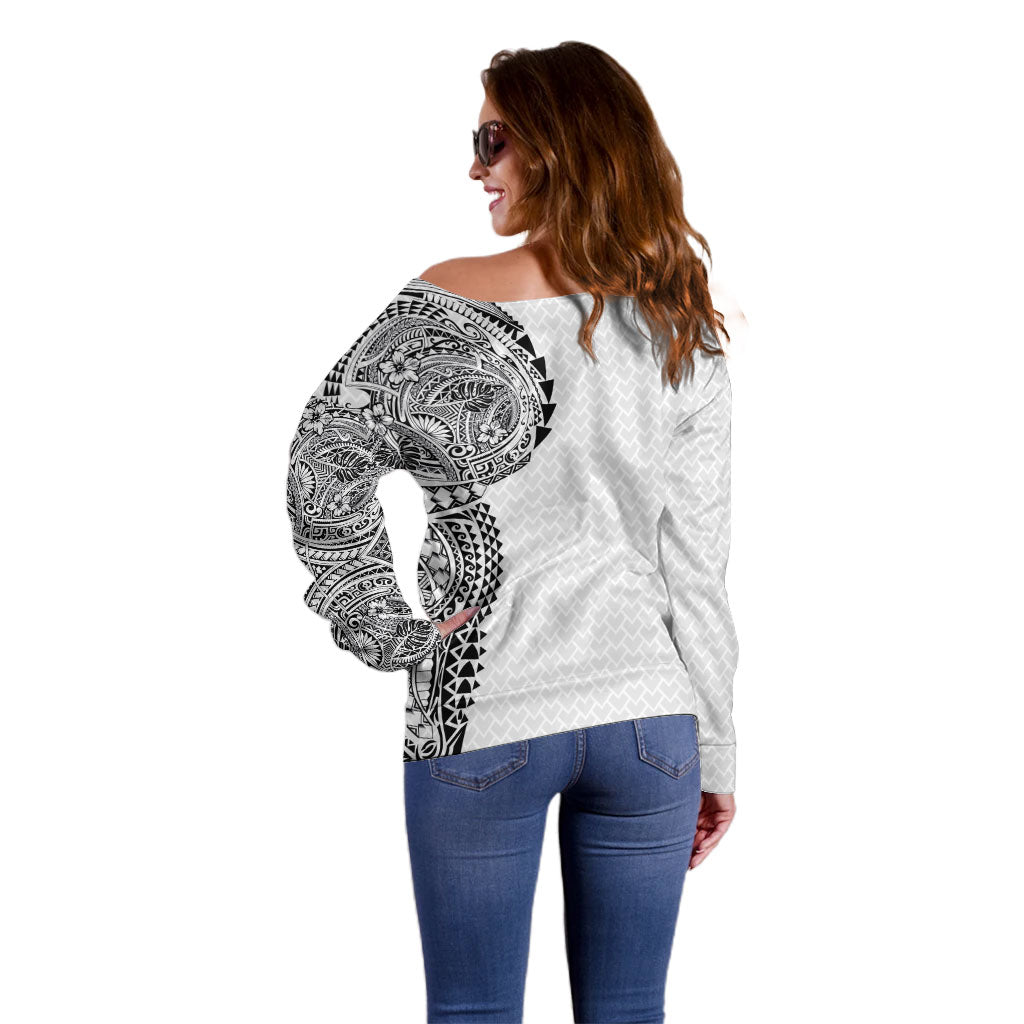 Hawaiian Traditional Tattoos Off Shoulder Sweater Kakau Tribal Tropical Plant Motif White Color LT03 - Polynesian Pride