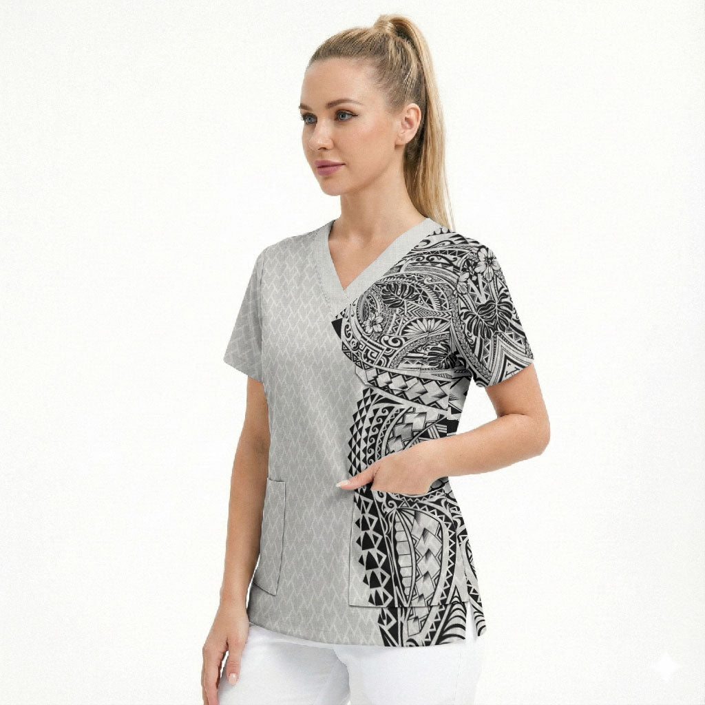 Hawaiian Traditional Tattoos Scrub Top Kakau Tribal Tropical Plant Motif White Color LT03 - Polynesian Pride