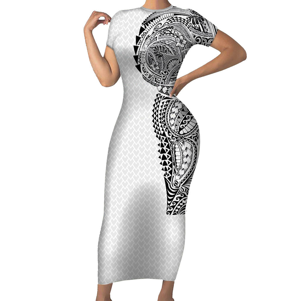Hawaiian Traditional Tattoos Short Sleeve Bodycon Dress Kakau Tribal Tropical Plant Motif White Color LT03 Long Dress White - Polynesian Pride