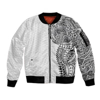 Hawaiian Traditional Tattoos Sleeve Zip Bomber Jacket Kakau Tribal Tropical Plant Motif White Color LT03 Unisex White - Polynesian Pride