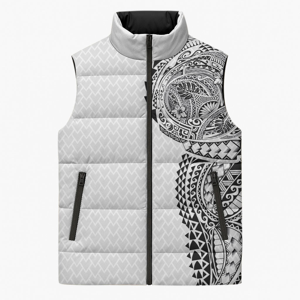 Hawaiian Traditional Tattoos Sleeveless Puffer Jacket Kakau Tribal Tropical Plant Motif White Color LT03 Unisex White - Polynesian Pride