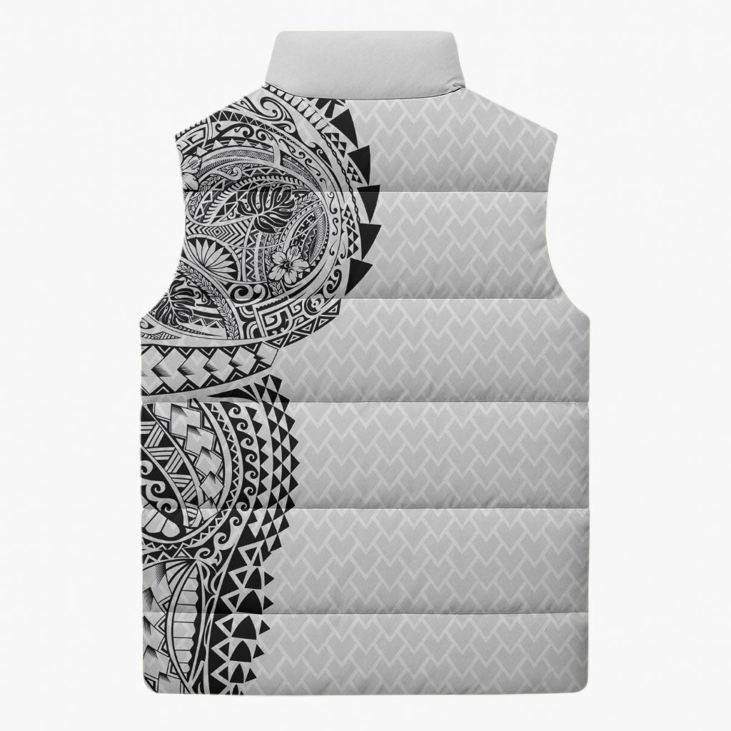 Hawaiian Traditional Tattoos Sleeveless Puffer Jacket Kakau Tribal Tropical Plant Motif White Color LT03 - Polynesian Pride