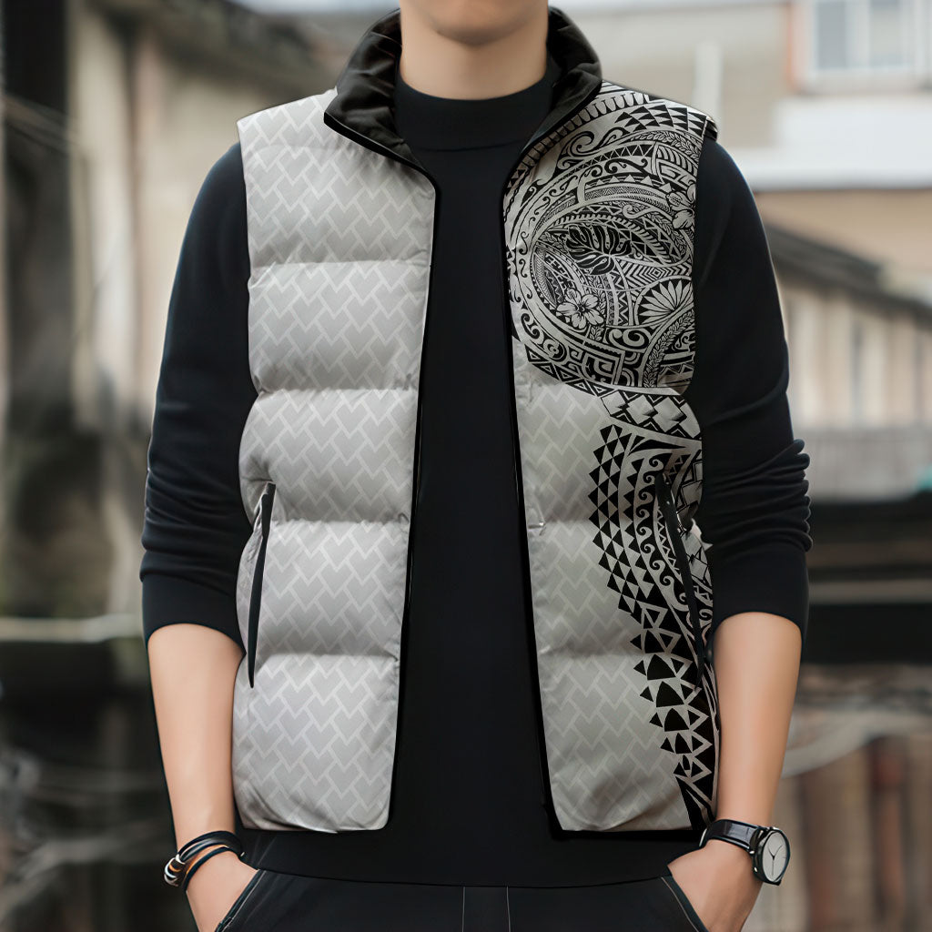 Hawaiian Traditional Tattoos Sleeveless Puffer Jacket Kakau Tribal Tropical Plant Motif White Color LT03 - Polynesian Pride