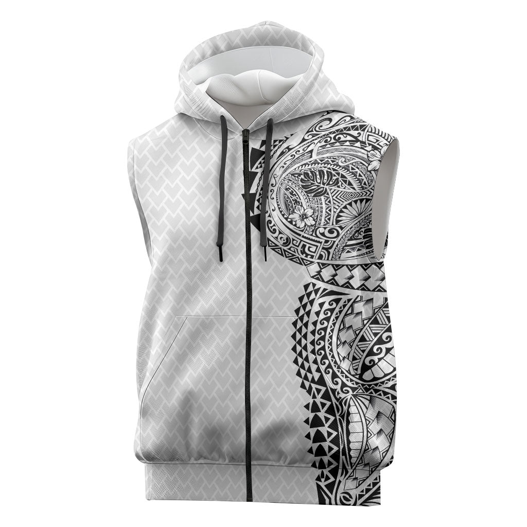 Hawaiian Traditional Tattoos Sleeveless Zip Hoodie Kakau Tribal Tropical Plant Motif White Color LT03 White - Polynesian Pride