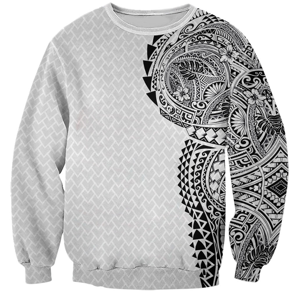 Hawaiian Traditional Tattoos Sweatshirt Kakau Tribal Tropical Plant Motif White Color