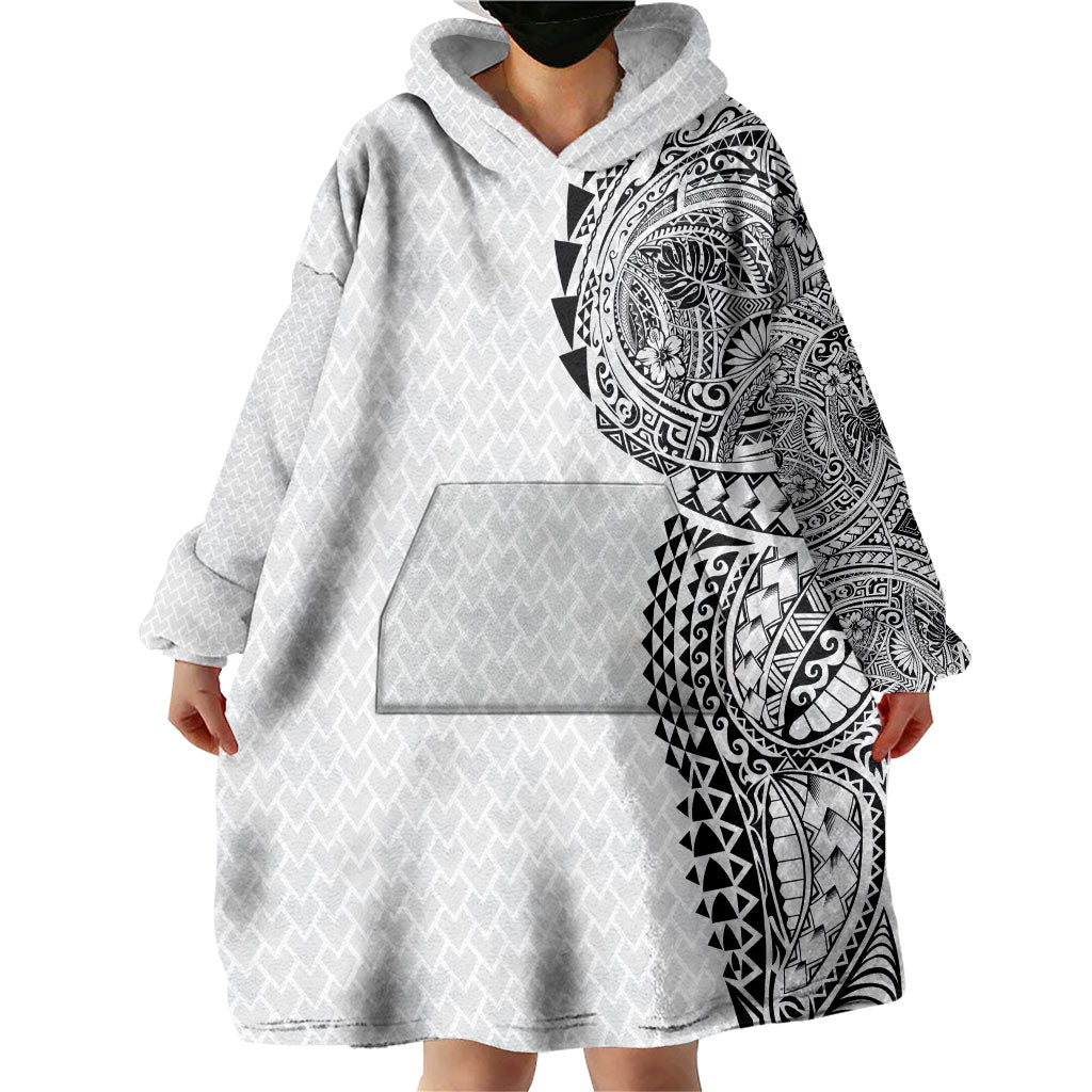 Hawaiian Traditional Tattoos Wearable Blanket Hoodie Kakau Tribal Tropical Plant Motif White Color LT03 - Polynesian Pride