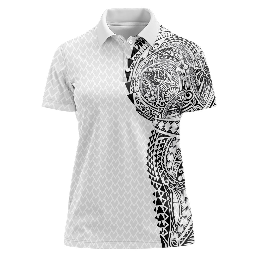 Hawaiian Traditional Tattoos Women Polo Shirt Kakau Tribal Tropical Plant Motif White Color LT03 Female White - Polynesian Pride
