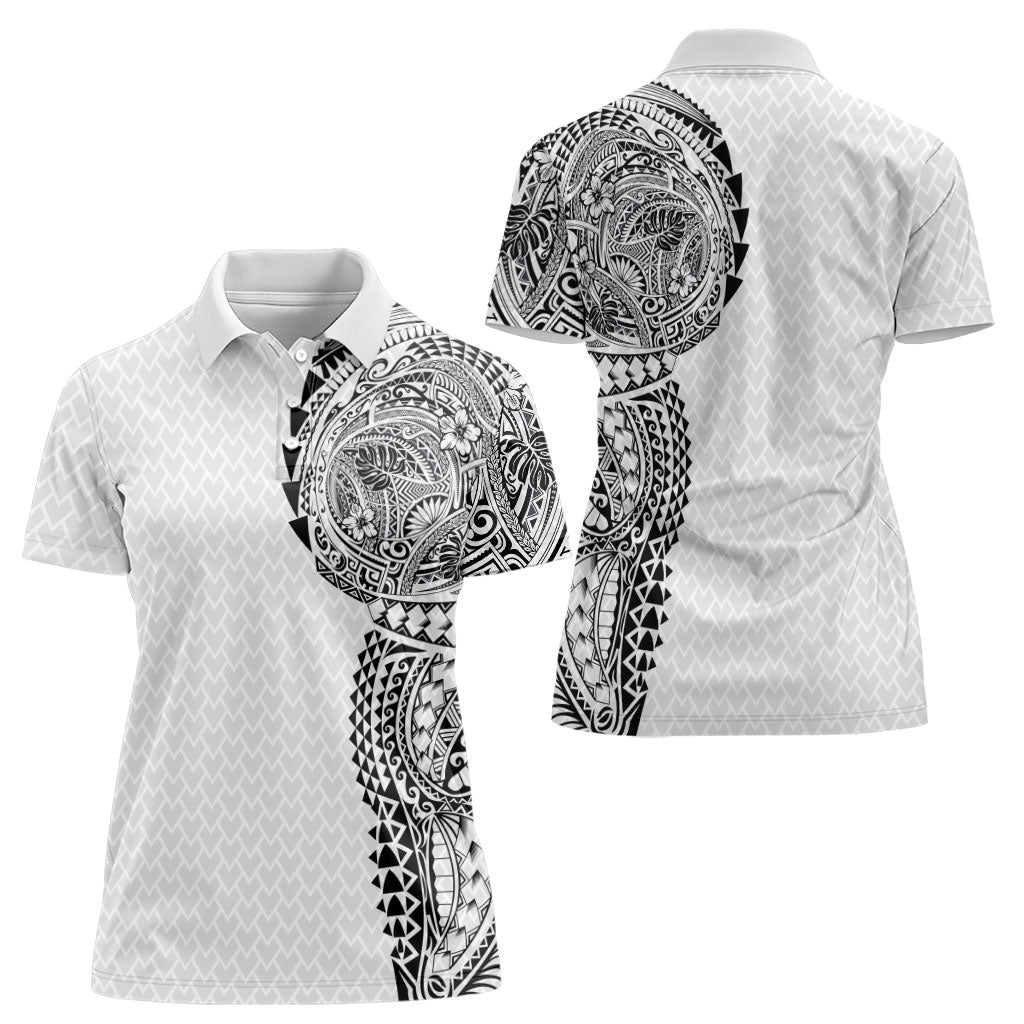 Hawaiian Traditional Tattoos Women Polo Shirt Kakau Tribal Tropical Plant Motif White Color LT03 - Polynesian Pride