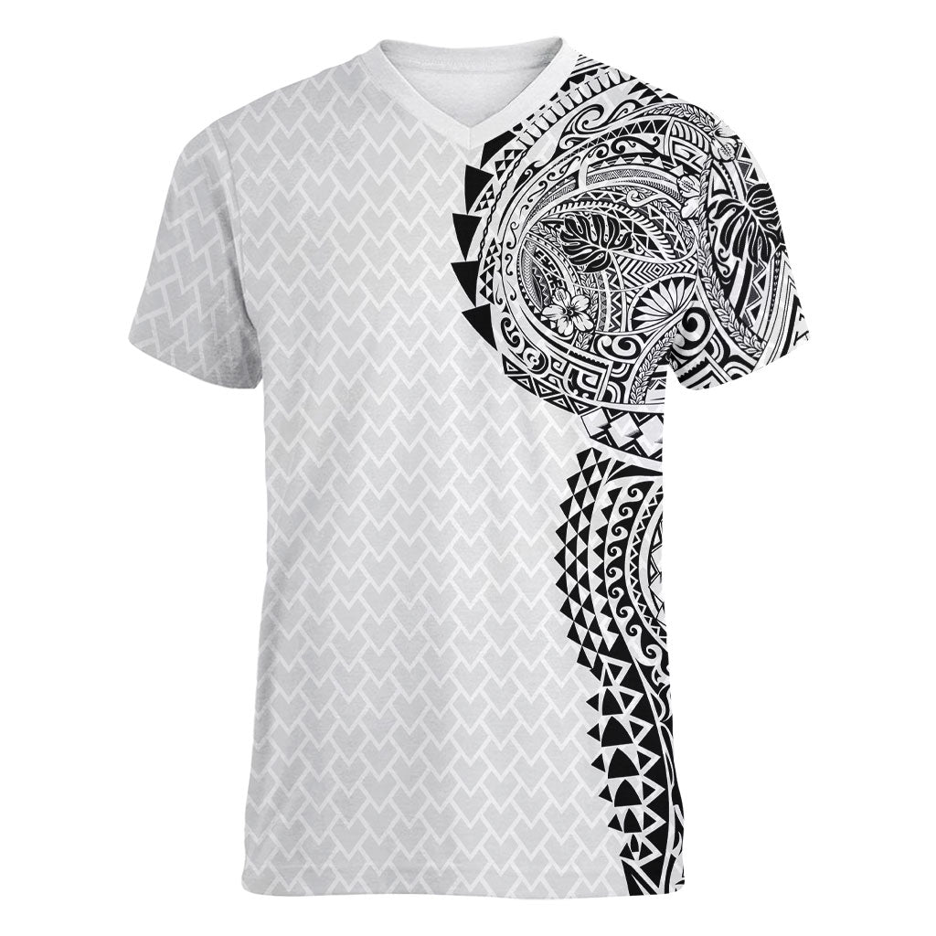 Hawaiian Traditional Tattoos Women V-Neck T-Shirt Kakau Tribal Tropical Plant Motif White Color LT03 Female White - Polynesian Pride