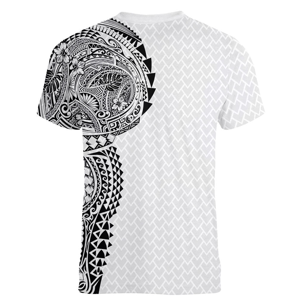 Hawaiian Traditional Tattoos Women V-Neck T-Shirt Kakau Tribal Tropical Plant Motif White Color LT03 - Polynesian Pride