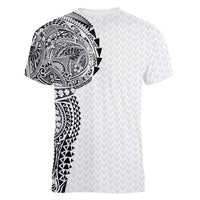 Hawaiian Traditional Tattoos Women V-Neck T-Shirt Kakau Tribal Tropical Plant Motif White Color LT03 - Polynesian Pride