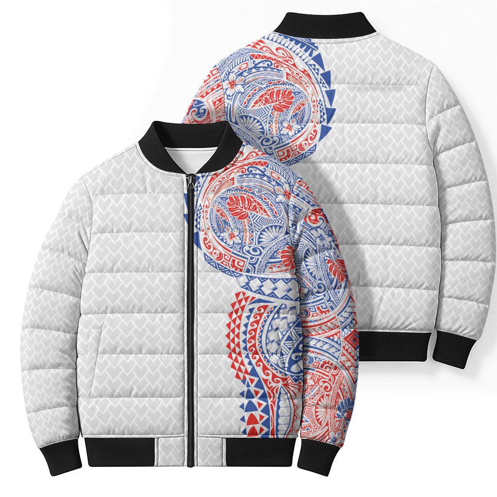 Hawaiian Traditional Tattoos Bomber Puffer Jacket Kakau Tribal Tropical Plant Motif Hawaii Flag Color Inspired LT03 - Polynesian Pride