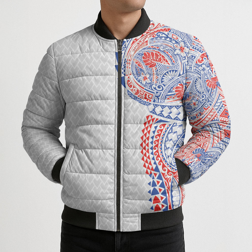 Hawaiian Traditional Tattoos Bomber Puffer Jacket Kakau Tribal Tropical Plant Motif Hawaii Flag Color Inspired LT03 - Polynesian Pride