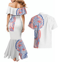 Hawaiian Traditional Tattoos Couples Matching Mermaid Dress and Hawaiian Shirt Kakau Tribal Tropical Plant Motif Hawaii Flag Color Inspired LT03 - Polynesian Pride