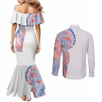 Hawaiian Traditional Tattoos Couples Matching Mermaid Dress and Long Sleeve Button Shirt Kakau Tribal Tropical Plant Motif Hawaii Flag Color Inspired LT03 - Polynesian Pride