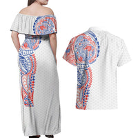 Hawaiian Traditional Tattoos Couples Matching Off Shoulder Maxi Dress and Hawaiian Shirt Kakau Tribal Tropical Plant Motif Hawaii Flag Color Inspired LT03 - Polynesian Pride