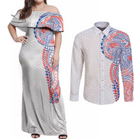 Hawaiian Traditional Tattoos Couples Matching Off Shoulder Maxi Dress and Long Sleeve Button Shirt Kakau Tribal Tropical Plant Motif Hawaii Flag Color Inspired LT03 Multicolor - Polynesian Pride
