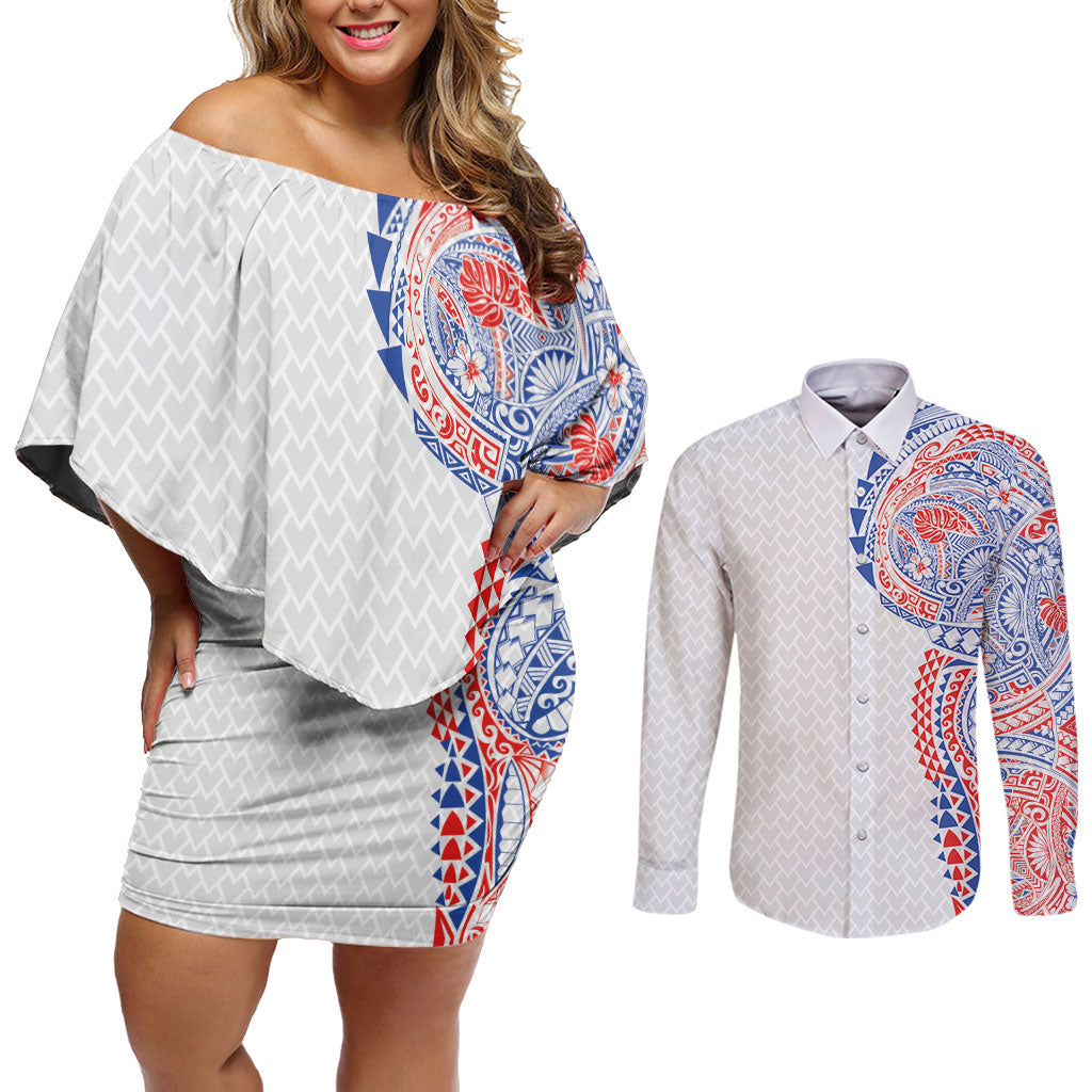 Hawaiian Traditional Tattoos Couples Matching Off Shoulder Short Dress and Long Sleeve Button Shirt Kakau Tribal Tropical Plant Motif Hawaii Flag Color Inspired LT03 Multicolor - Polynesian Pride