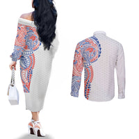 Hawaiian Traditional Tattoos Couples Matching Off The Shoulder Long Sleeve Dress and Long Sleeve Button Shirt Kakau Tribal Tropical Plant Motif Hawaii Flag Color Inspired LT03 - Polynesian Pride
