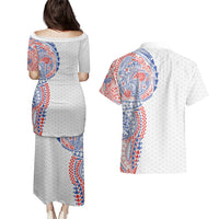Hawaiian Traditional Tattoos Couples Matching Puletasi and Hawaiian Shirt Kakau Tribal Tropical Plant Motif Hawaii Flag Color Inspired LT03 - Polynesian Pride
