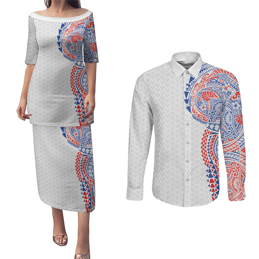 Hawaiian Traditional Tattoos Couples Matching Puletasi and Long Sleeve Button Shirt Kakau Tribal Tropical Plant Motif Hawaii Flag Color Inspired LT03 Multicolor - Polynesian Pride
