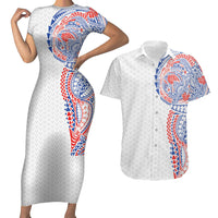 Hawaiian Traditional Tattoos Couples Matching Short Sleeve Bodycon Dress and Hawaiian Shirt Kakau Tribal Tropical Plant Motif Hawaii Flag Color Inspired LT03 Multicolor - Polynesian Pride