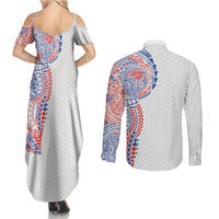 Hawaiian Traditional Tattoos Couples Matching Summer Maxi Dress and Long Sleeve Button Shirt Kakau Tribal Tropical Plant Motif Hawaii Flag Color Inspired LT03 - Polynesian Pride