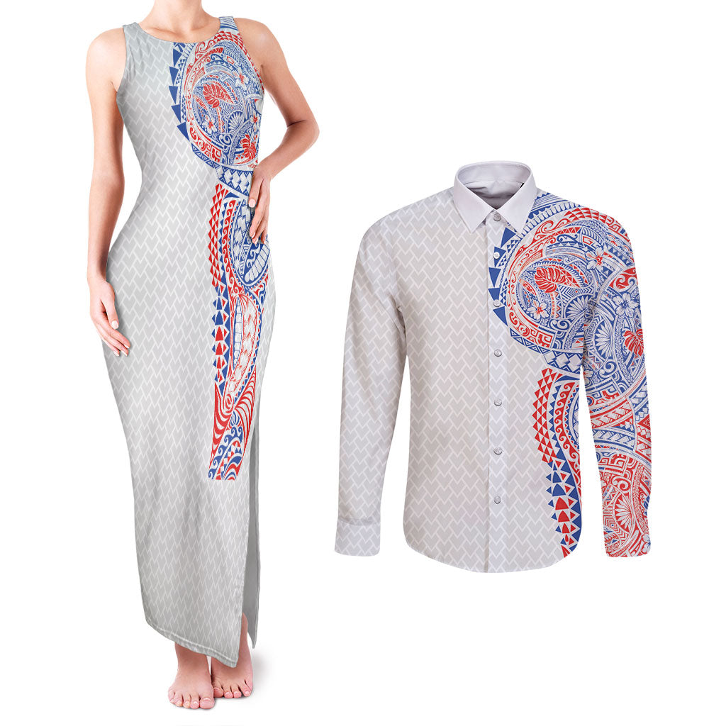Hawaiian Traditional Tattoos Couples Matching Tank Maxi Dress and Long Sleeve Button Shirt Kakau Tribal Tropical Plant Motif Hawaii Flag Color Inspired LT03 Multicolor - Polynesian Pride