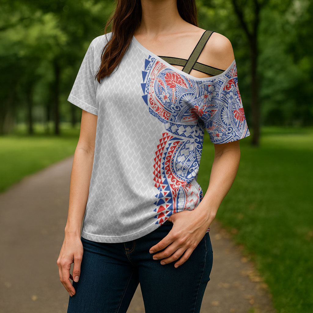 Hawaiian Traditional Tattoos Cross Shoulder Shirt Kakau Tribal Tropical Plant Motif Hawaii Flag Color Inspired LT03 - Polynesian Pride