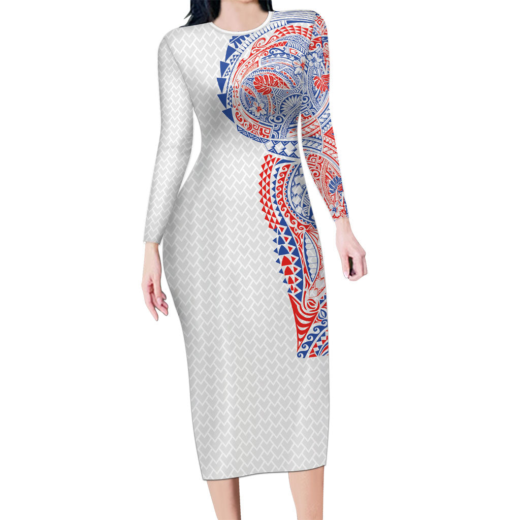 Hawaiian Traditional Tattoos Family Matching Long Sleeve Bodycon Dress and Hawaiian Shirt Kakau Tribal Tropical Plant Motif Hawaii Flag Color Inspired LT03 Mom's Dress Multicolor - Polynesian Pride