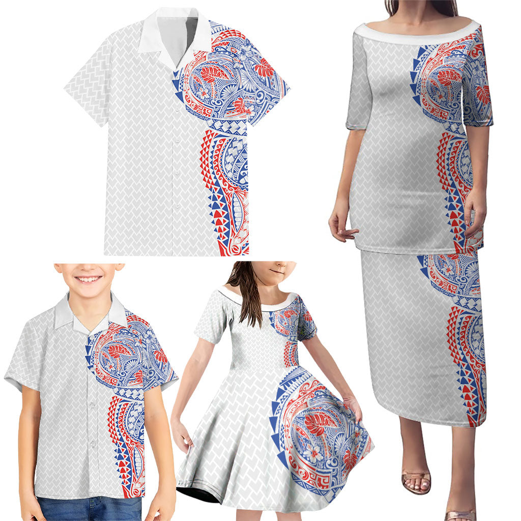 Hawaiian Traditional Tattoos Family Matching Puletasi and Hawaiian Shirt Kakau Tribal Tropical Plant Motif Hawaii Flag Color Inspired LT03 - Polynesian Pride