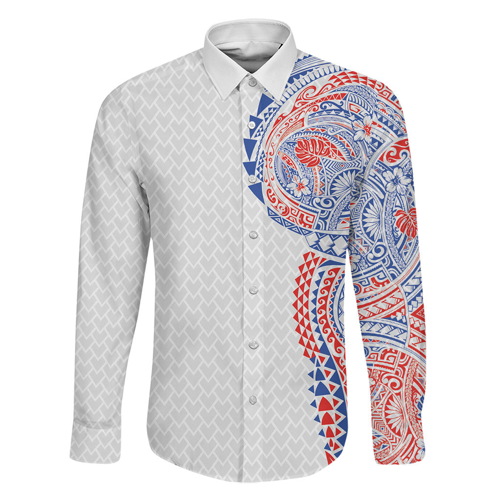 Hawaiian Traditional Tattoos Family Matching Puletasi and Hawaiian Shirt Kakau Tribal Tropical Plant Motif Hawaii Flag Color Inspired LT03 Dad's Shirt - Long Sleeve Multicolor - Polynesian Pride