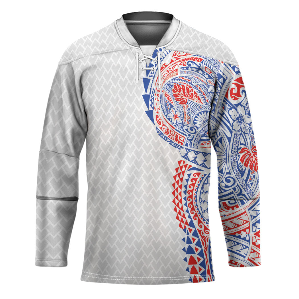 Hawaiian Traditional Tattoos Hockey Jersey Kakau Tribal Tropical Plant Motif Hawaii Flag Color Inspired LT03 Unisex Multicolor - Polynesian Pride