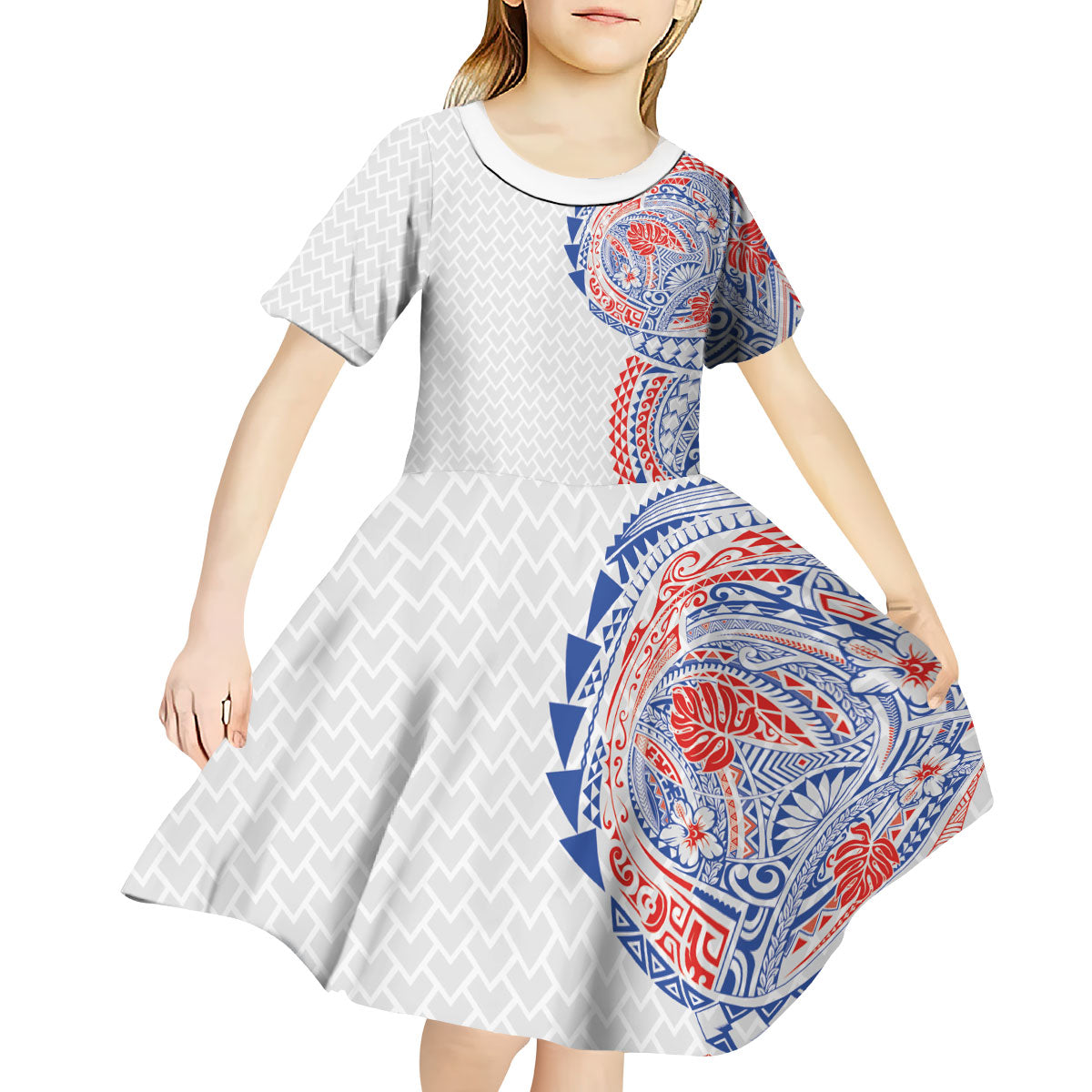 Hawaiian Traditional Tattoos Kid Short Sleeve Dress Kakau Tribal Tropical Plant Motif Hawaii Flag Color Inspired LT03 - Polynesian Pride