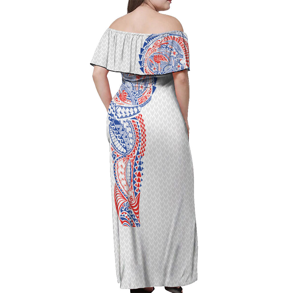 Hawaiian Traditional Tattoos Off Shoulder Maxi Dress Kakau Tribal Tropical Plant Motif Hawaii Flag Color Inspired LT03 - Polynesian Pride