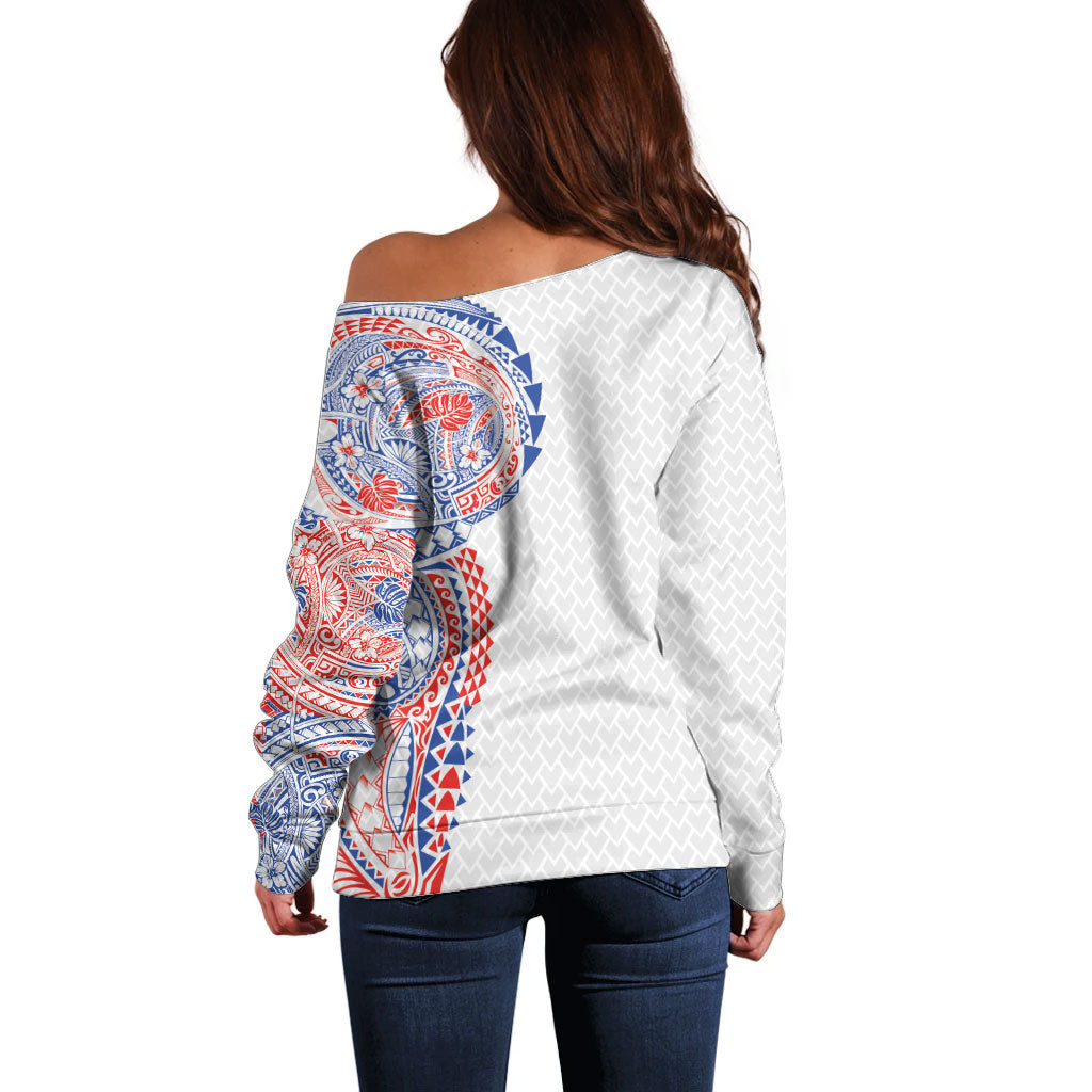 Hawaiian Traditional Tattoos Off Shoulder Sweater Kakau Tribal Tropical Plant Motif Hawaii Flag Color Inspired LT03 - Polynesian Pride